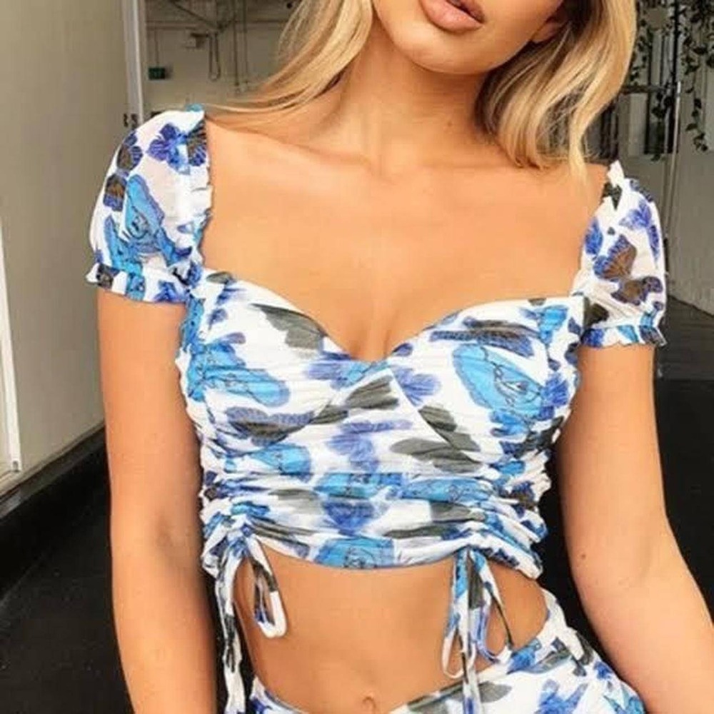 NEW Tiger Mist Toronto Top Blue Butterfly Print Ruched Mesh Y2k Fairycore XS